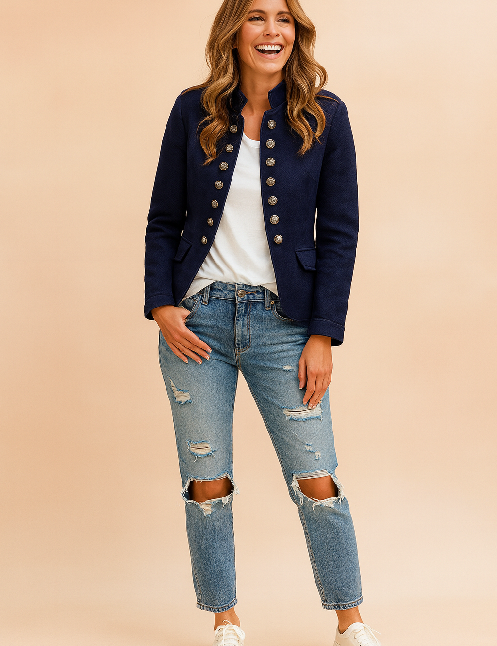 Women’s short military-style jacket with double-breasted metallic button detailing, structured shoulders, flap pockets, and slim tailored fit for chic everyday wear.