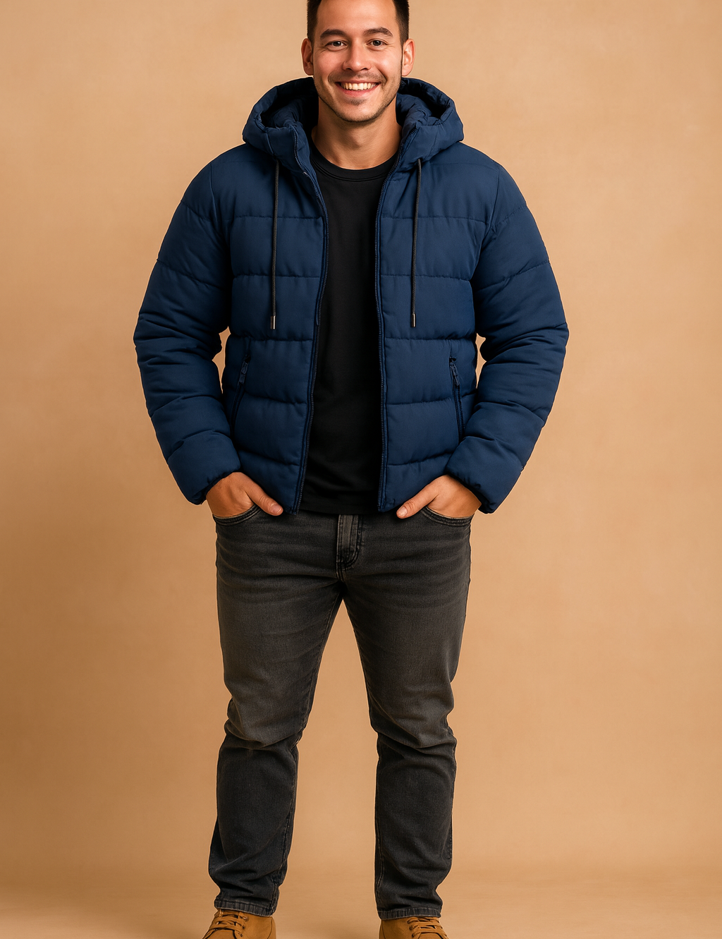 Men's navy blue puffer jacket with hood, black t-shirt, dark gray jeans, and tan suede boots
