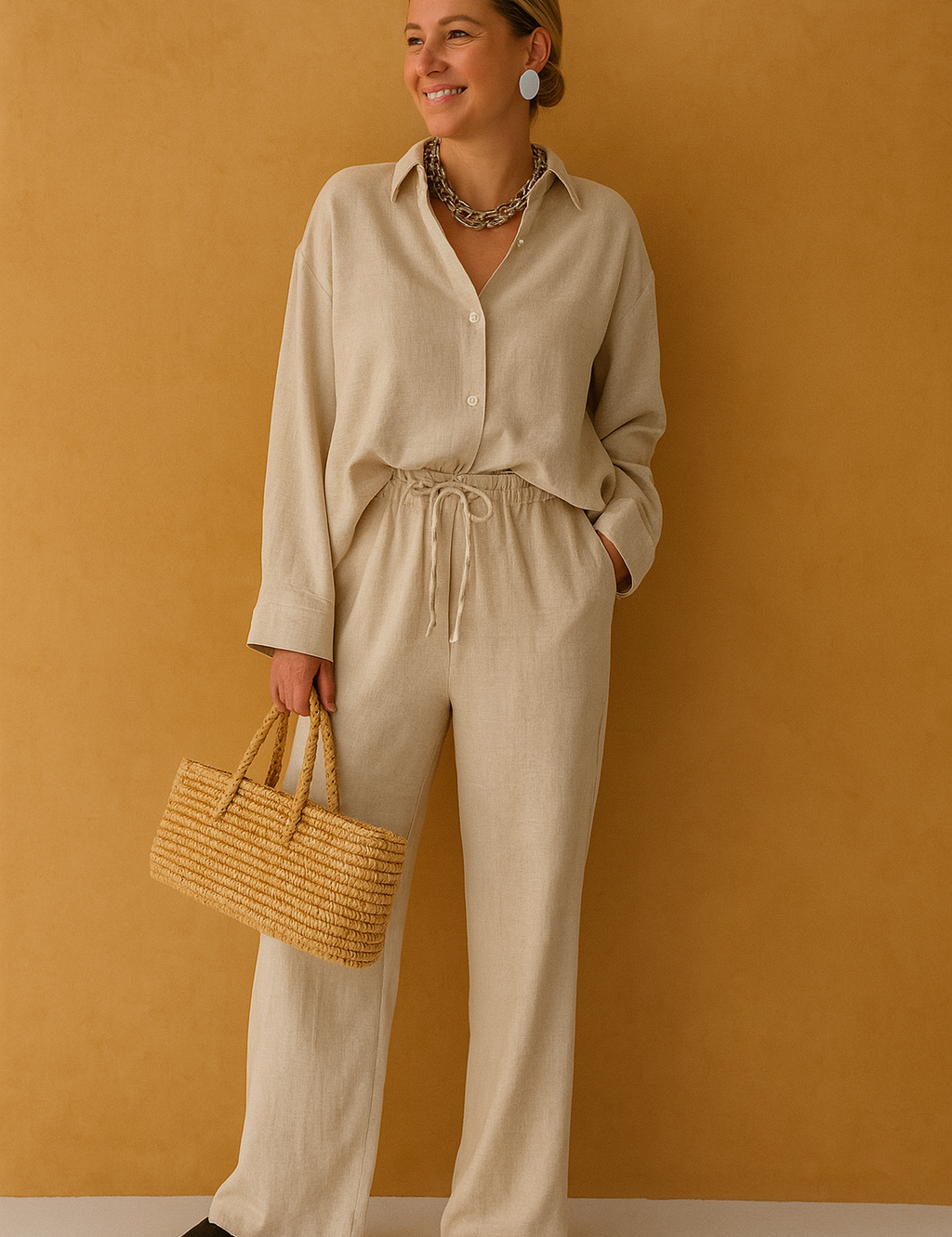 Neutral-toned two-piece co-ord set featuring a long-sleeve button-up shirt and wide-leg drawstring pants, styled with a chunky chain necklace and woven straw handbag for a relaxed yet elegant resort-ready outfit.