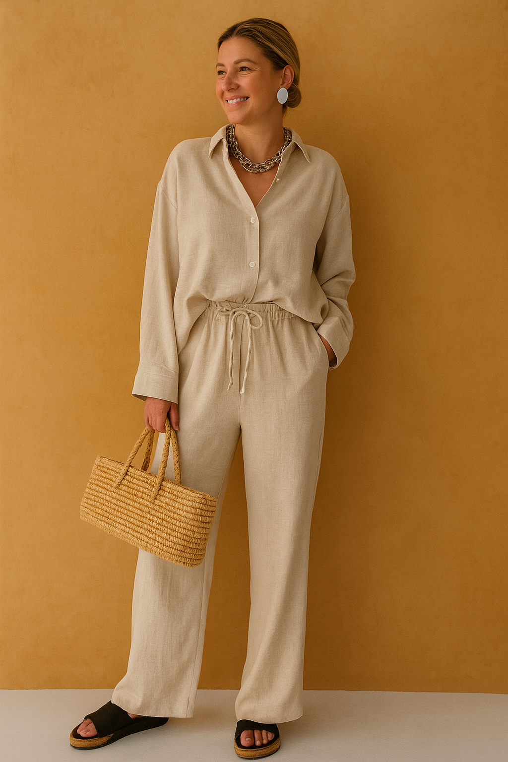 Neutral-toned two-piece co-ord set featuring a long-sleeve button-up shirt and wide-leg drawstring pants, styled with a chunky chain necklace and woven straw handbag for a relaxed yet elegant resort-ready outfit.