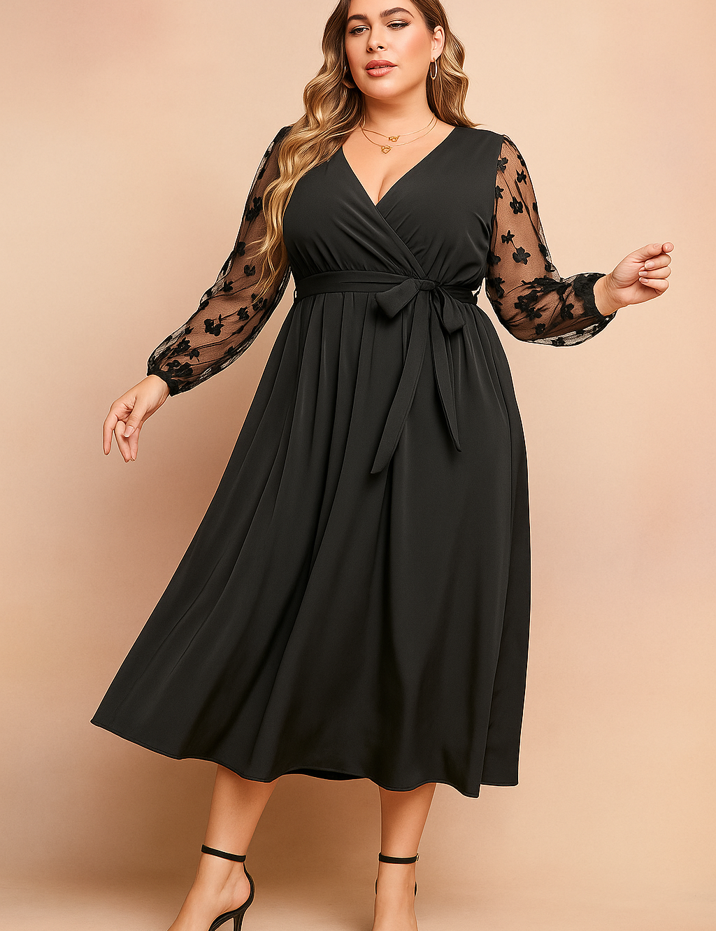 Black plus size midi dress with sheer floral long sleeves, V-neck and waist tie for women.