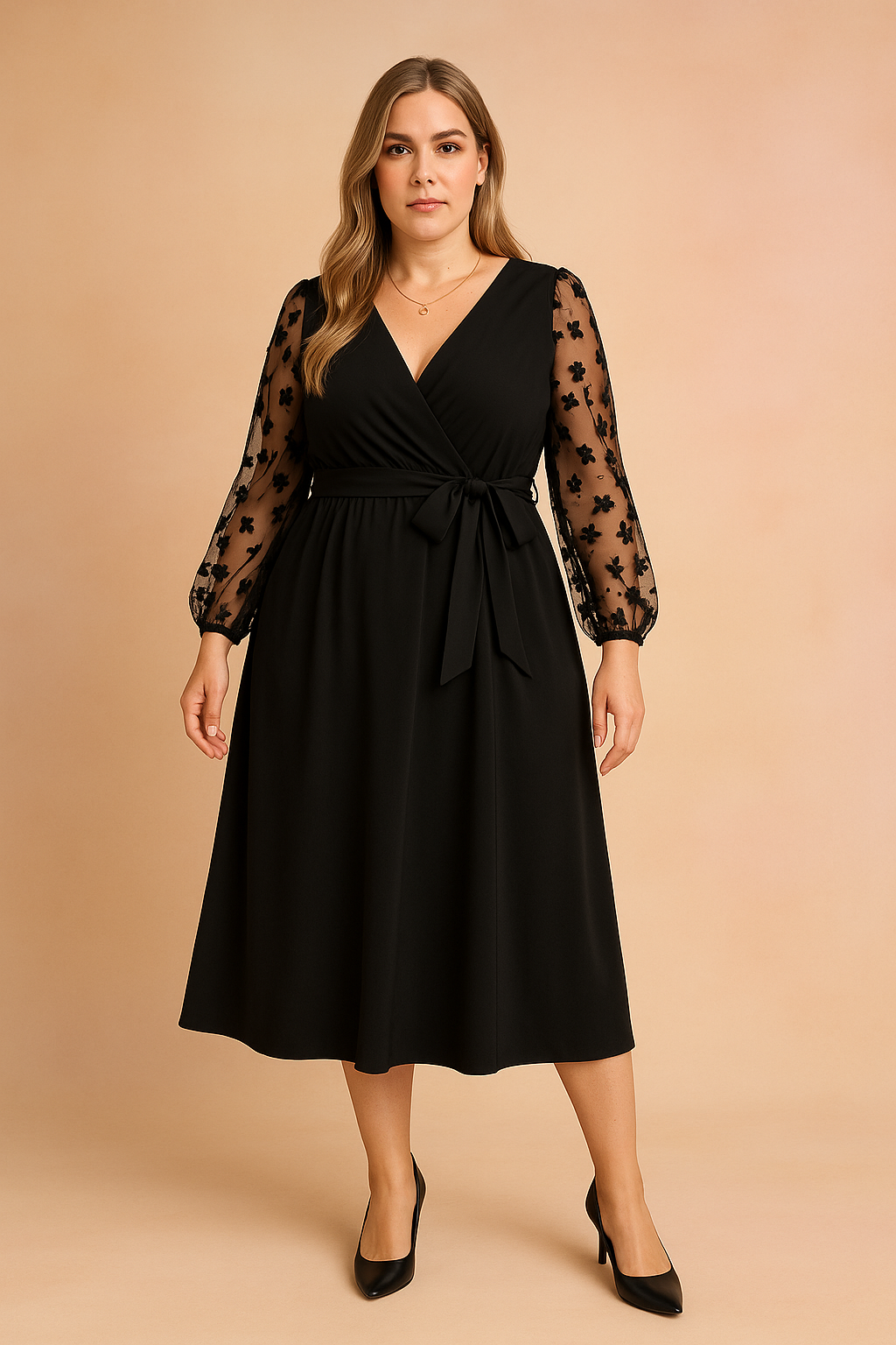 Elegant plus size black summer dress with sheer floral sleeves, V-neck and waist tie – full body view on model
