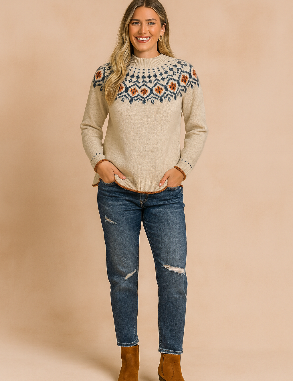 Beige knit sweater with multicolor Nordic-inspired geometric pattern across chest and cuffs, paired with distressed blue jeans and brown suede ankle boots.