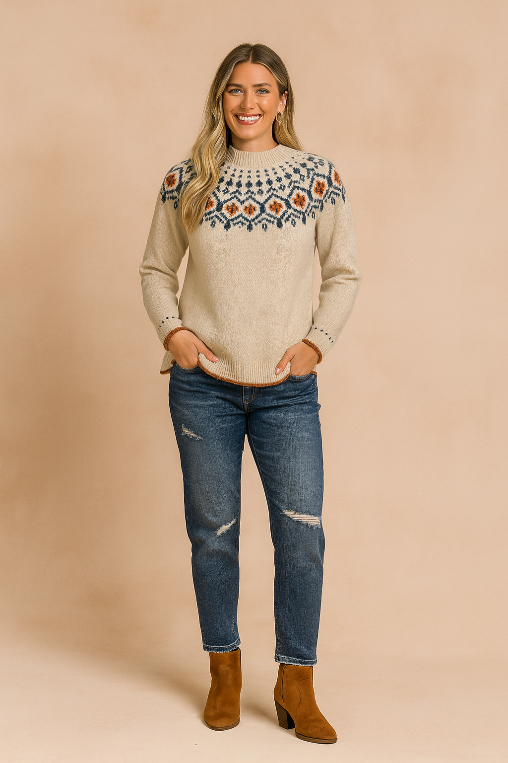 Beige knit sweater with multicolor Nordic-inspired geometric pattern across chest and cuffs, paired with distressed blue jeans and brown suede ankle boots.