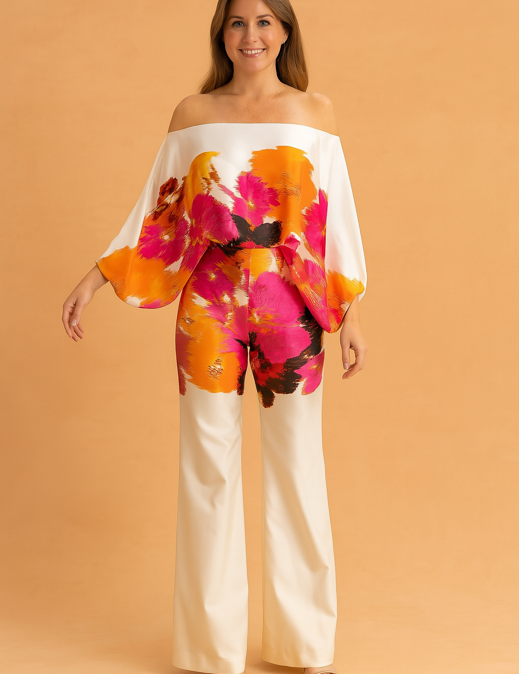 Vibrant off-shoulder two-piece set featuring a flowing wide-sleeve top and high-waisted cream trousers, detailed with bold orange, pink, and black abstract floral prints on silky fabric.
