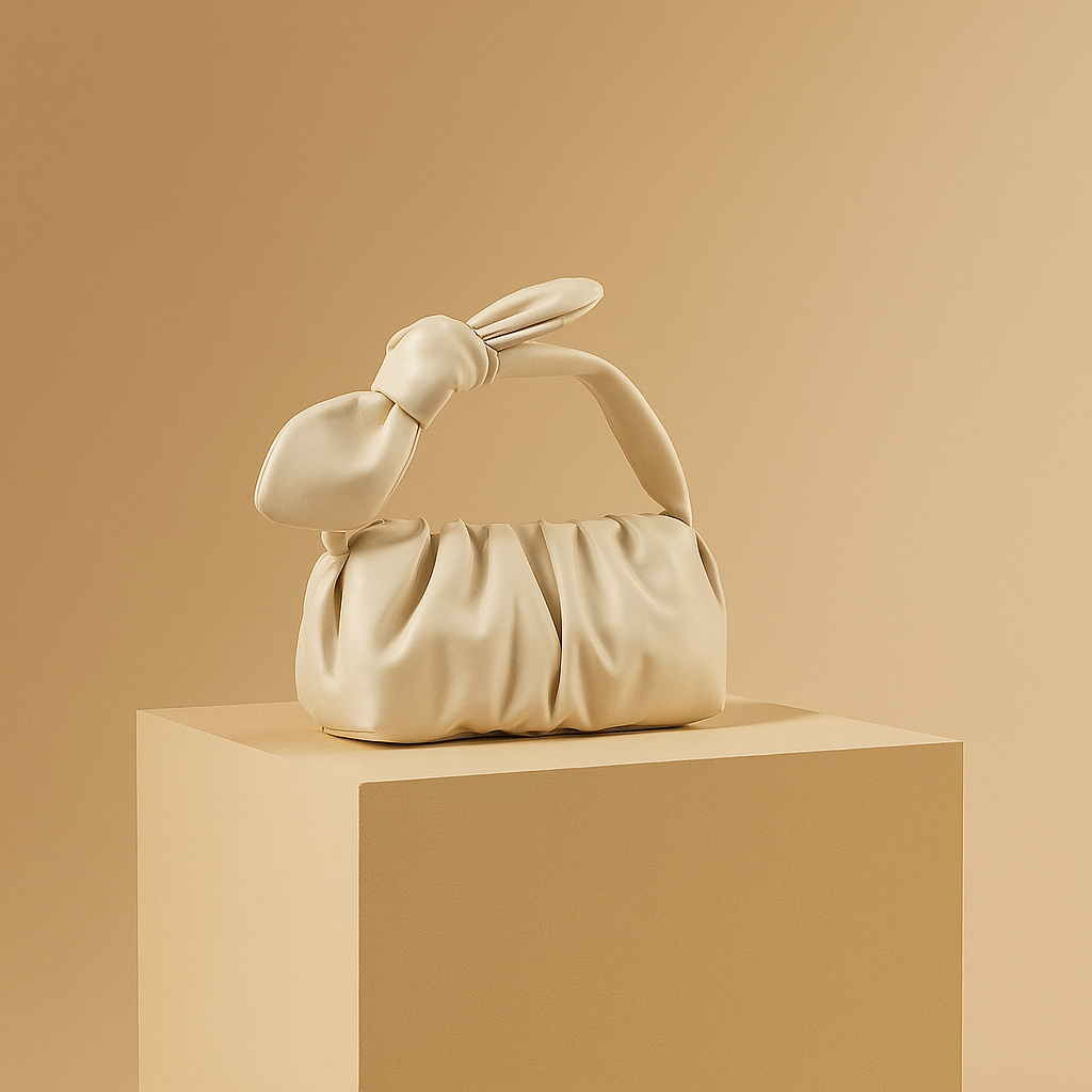 Off-white ruched handbag with a knotted bow handle, placed on a beige pedestal against a soft sand-to-blush gradient background.
