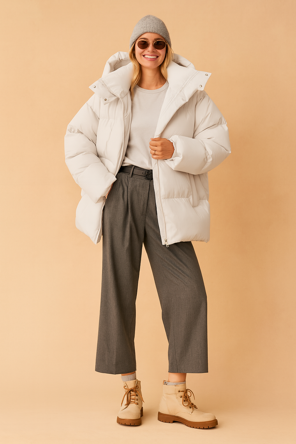 Oversized off-white hooded puffer jacket with glossy quilted fabric, full-length front zipper, high padded collar, and relaxed fit for winter warmth.