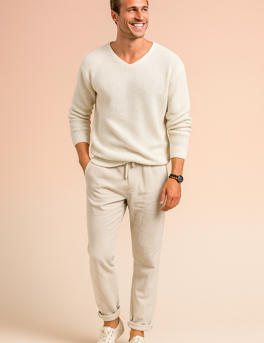 Off-white textured knit V-neck sweater paired with light beige drawstring linen pants and white low-top sneakers, styled with a black wristwatch and beaded bracelet.