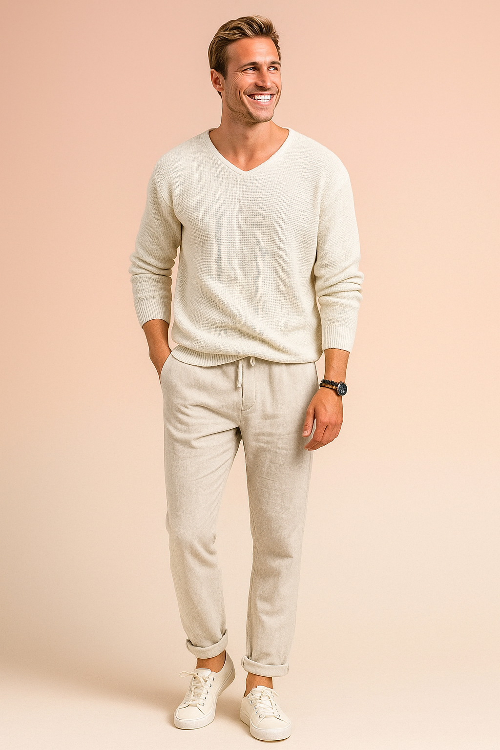 Off-white textured knit V-neck sweater paired with light beige drawstring linen pants and white low-top sneakers, styled with a black wristwatch and beaded bracelet.