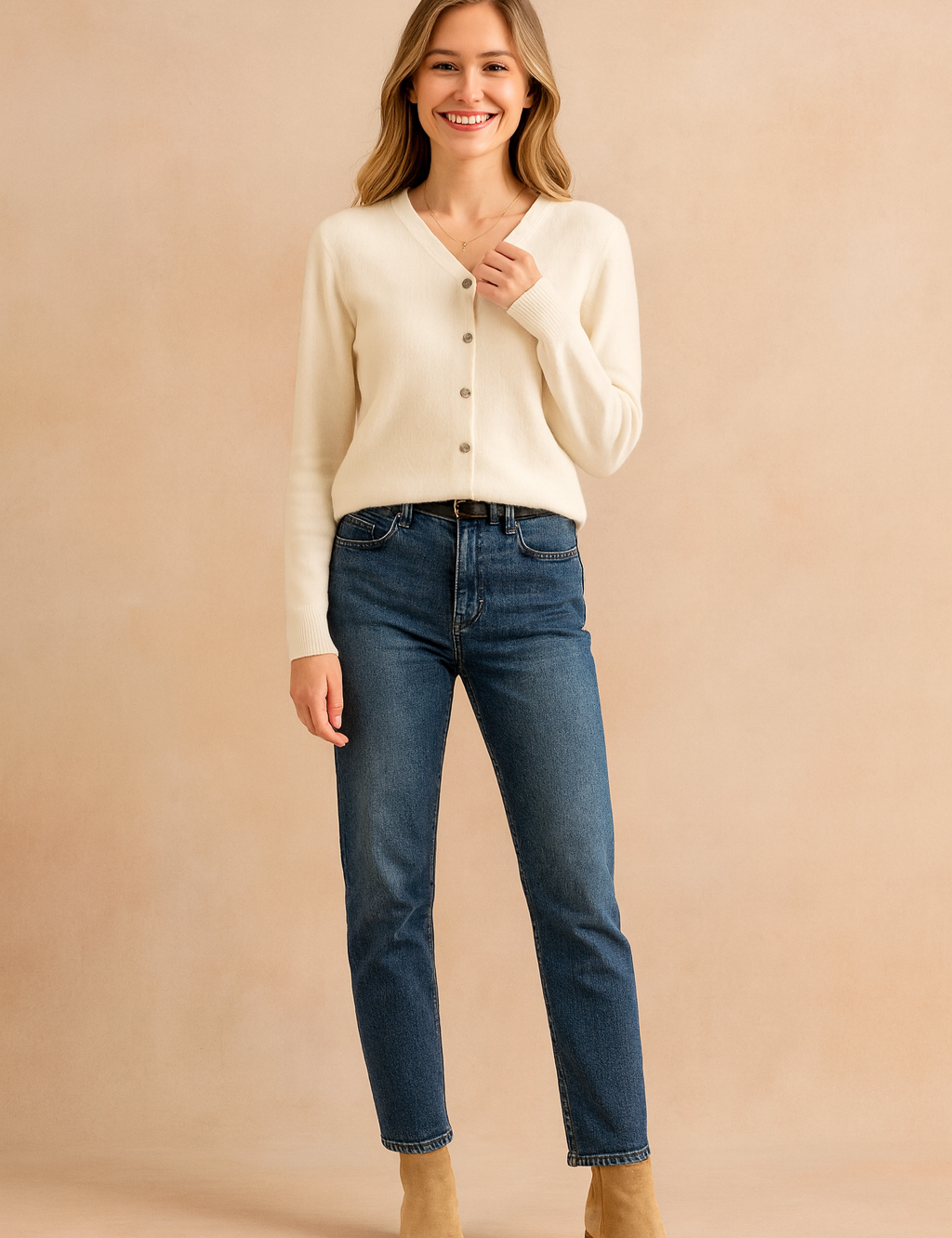 Off-white V-neck button-up cardigan with long sleeves, paired with medium-wash straight-leg jeans and tan suede ankle boots.