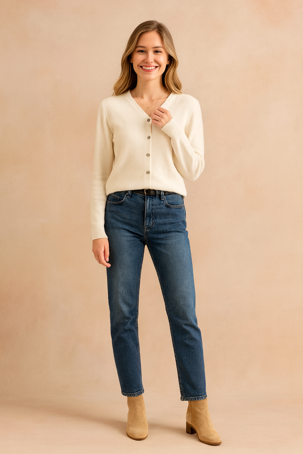 Off-white V-neck button-up cardigan with long sleeves, paired with medium-wash straight-leg jeans and tan suede ankle boots.