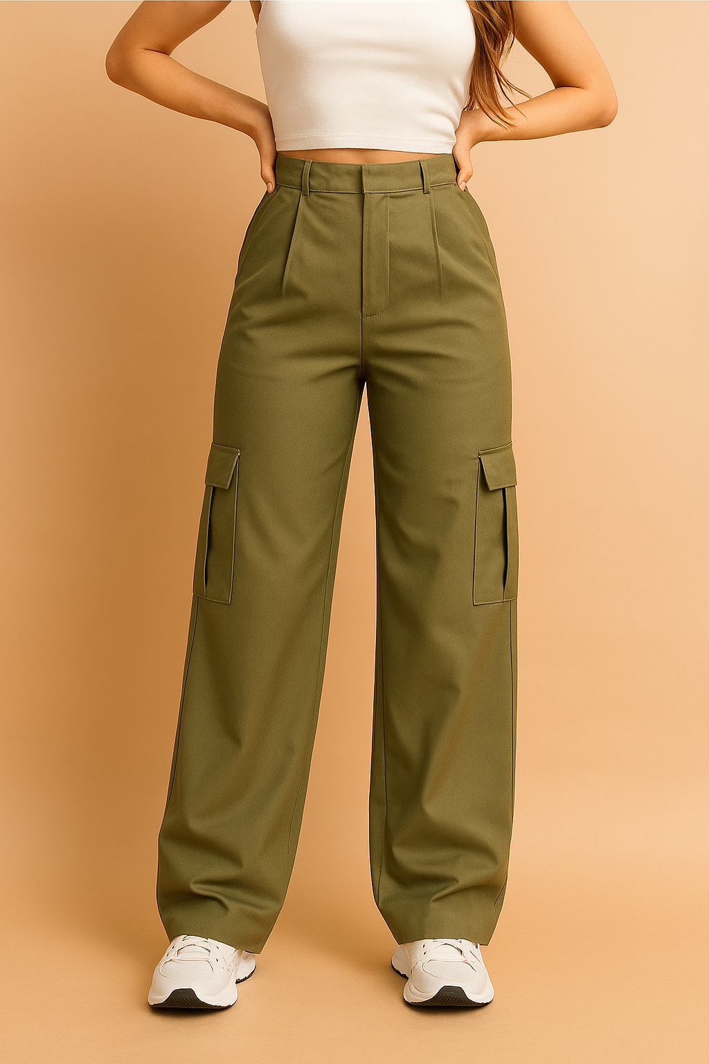 High-waisted olive cargo trousers with pleated front and dual side flap pockets, styled with white sneakers.