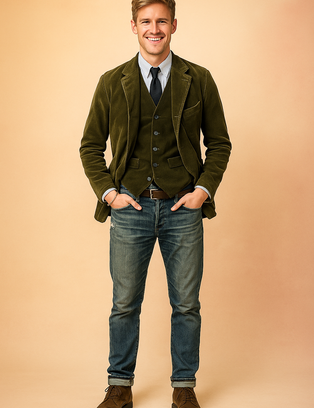 Olive green corduroy blazer with matching vest, paired with a light blue striped dress shirt, black tie, distressed blue jeans, and brown suede boots.