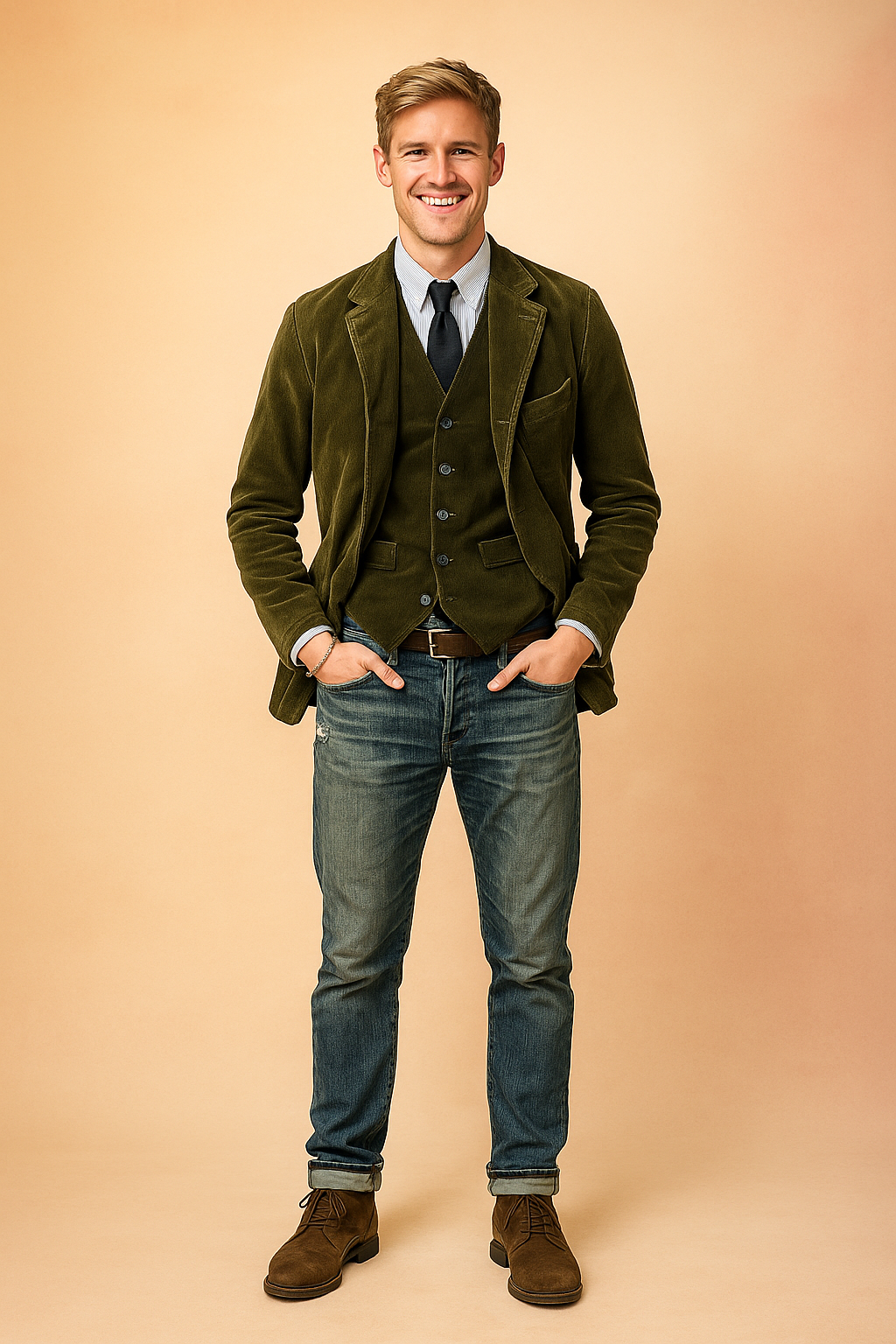 Olive green corduroy blazer with matching vest, paired with a light blue striped dress shirt, black tie, distressed blue jeans, and brown suede boots.