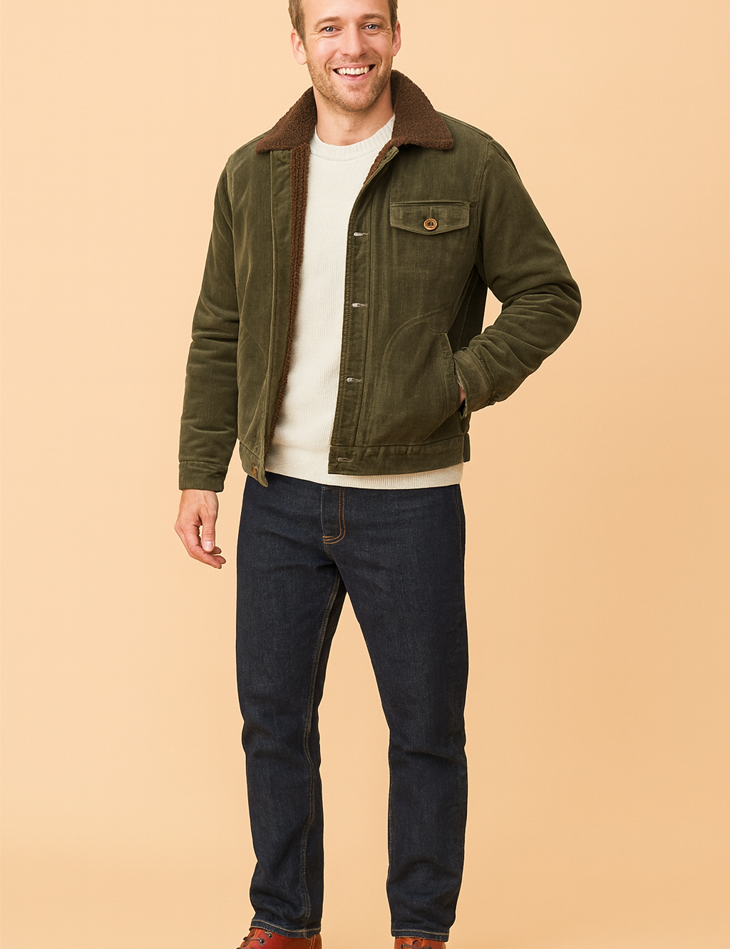 Olive green corduroy jacket with dark brown shearling lining, buttoned chest pocket, front welt pockets, and straight hem, styled with a cream sweater, dark denim jeans, and brown leather boots.
