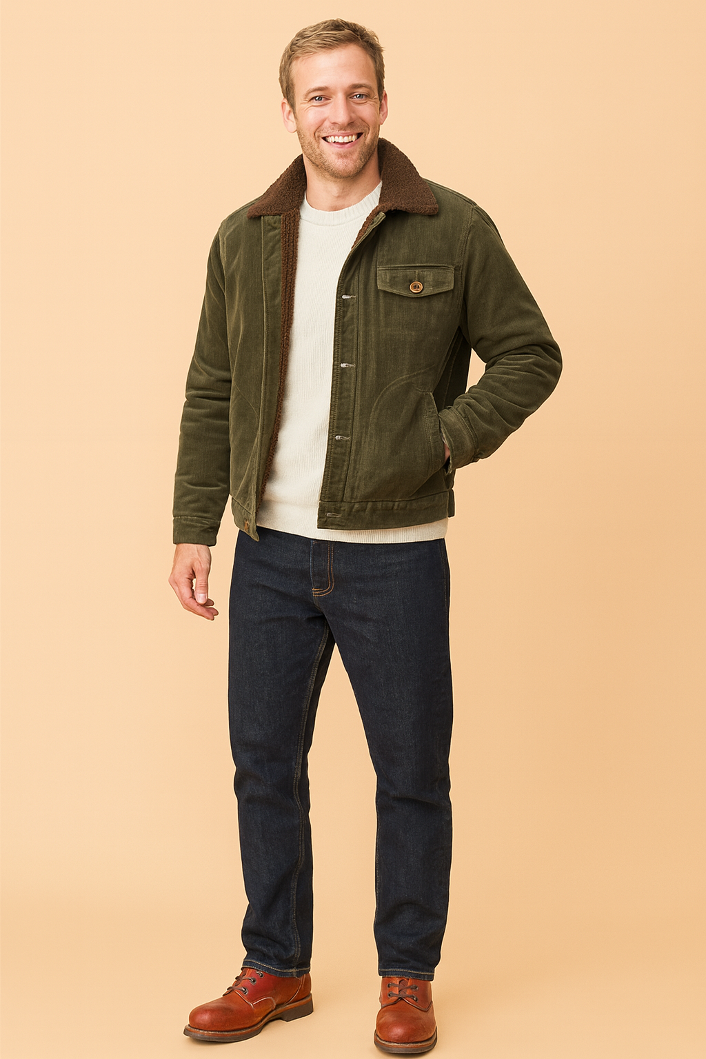Olive green corduroy jacket with dark brown shearling lining, buttoned chest pocket, front welt pockets, and straight hem, styled with a cream sweater, dark denim jeans, and brown leather boots.