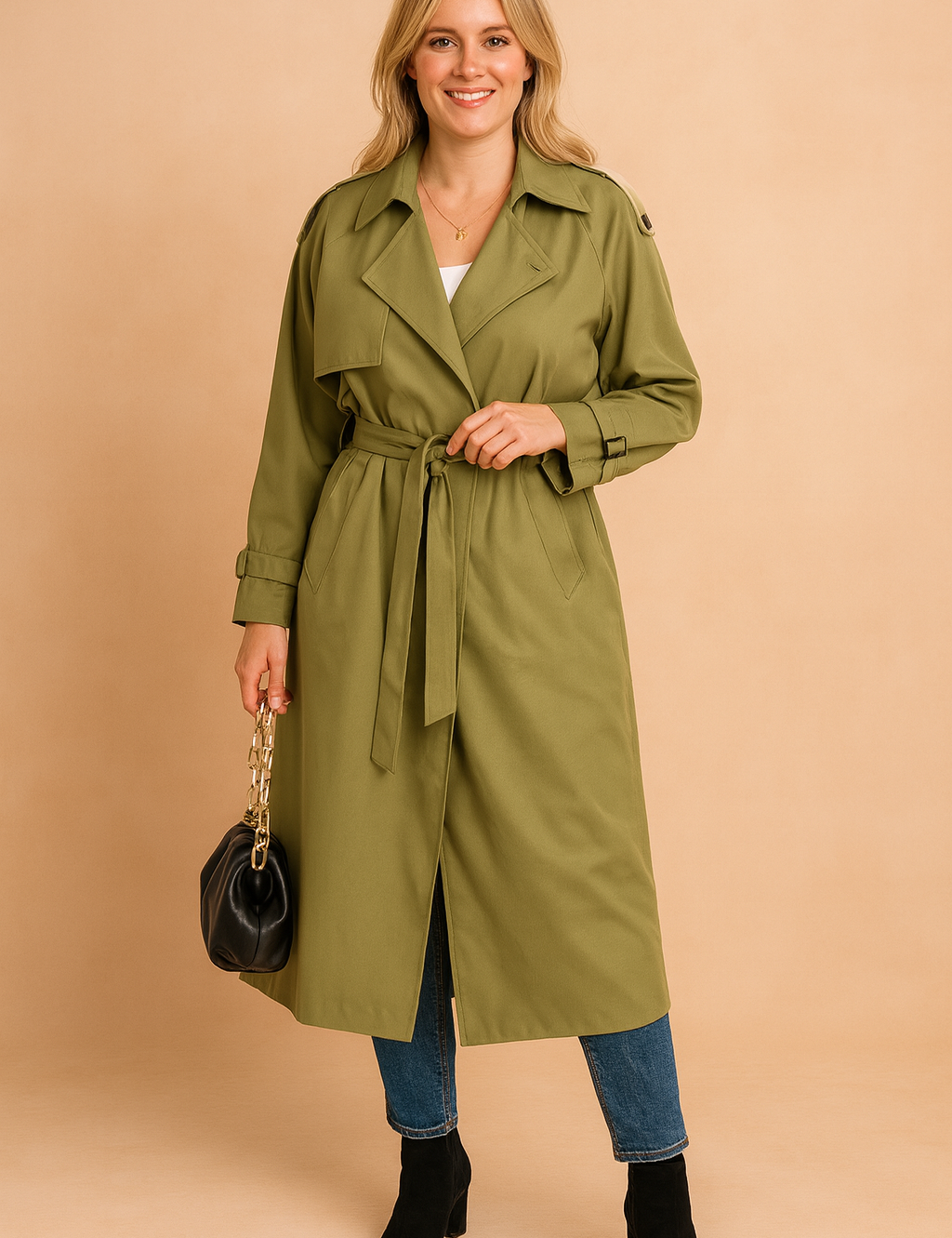 Olive-green belted trench coat with wide lapels, button details, and adjustable cuffs, styled with blue jeans, black ankle boots, and a black handbag.