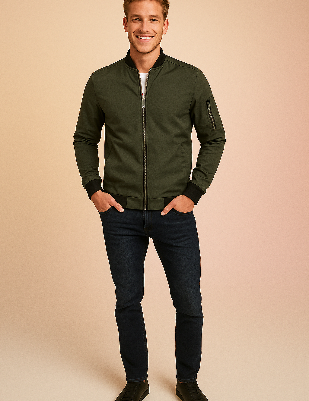 Olive green bomber jacket with front zipper, ribbed cuffs and hem, and zippered sleeve pocket, paired with dark slim-fit jeans and black low-top sneakers