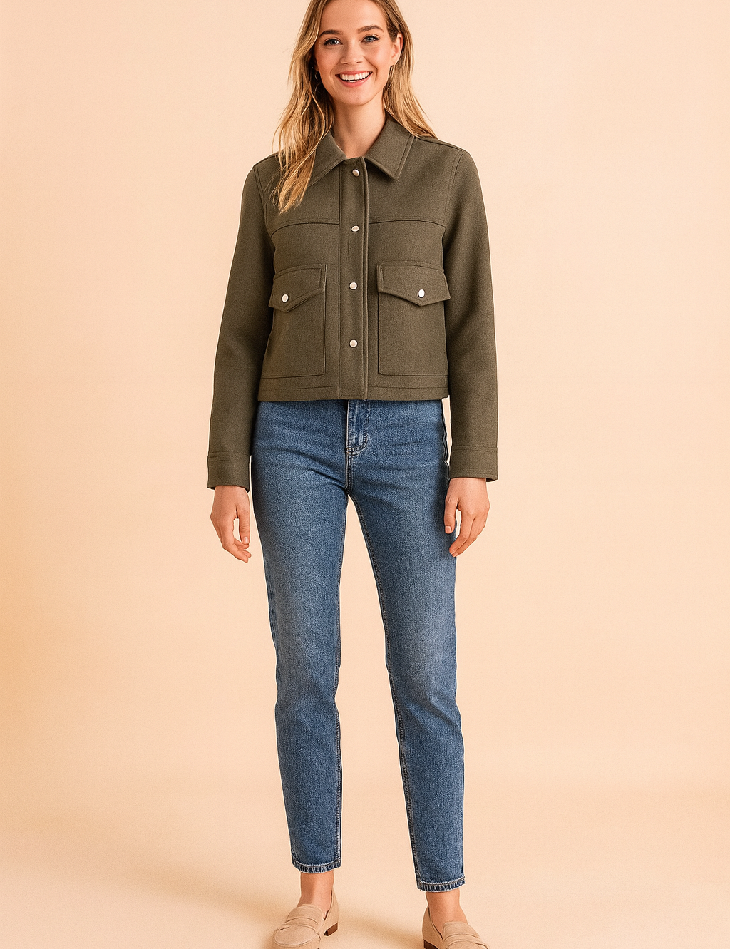 Olive green cropped jacket with front button closure, structured collar, and dual flap chest pockets, styled with classic straight-leg denim jeans and beige loafers for a casual chic look.