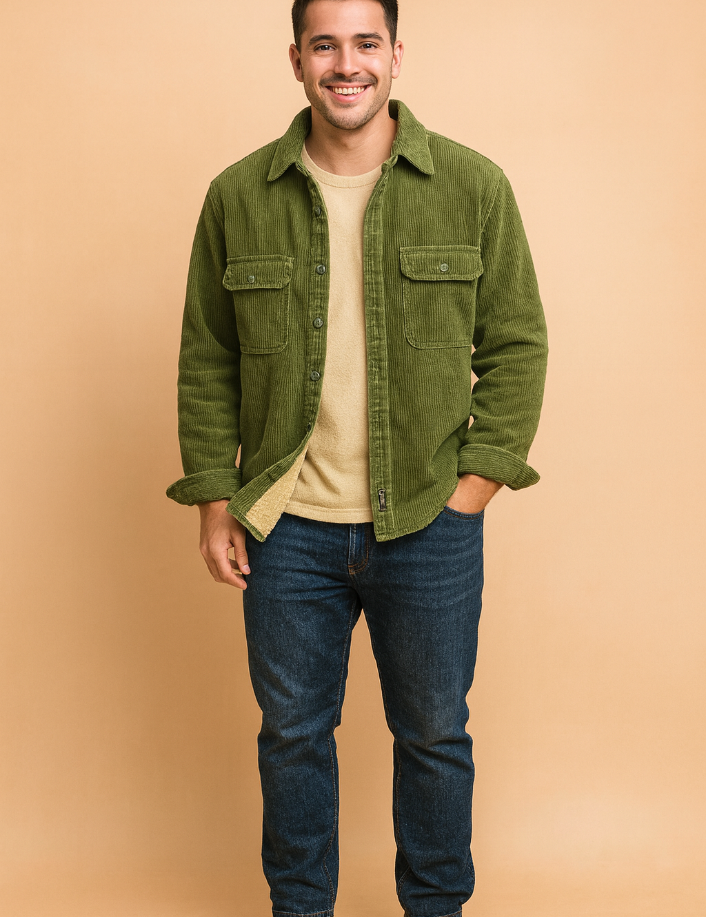 Men’s olive green corduroy jacket with soft beige fleece lining, full button-up front, long sleeves, and dual flap chest pockets for a casual yet warm winter style.