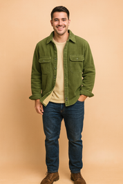Men’s olive green corduroy jacket with soft beige fleece lining, full button-up front, long sleeves, and dual flap chest pockets for a casual yet warm winter style.