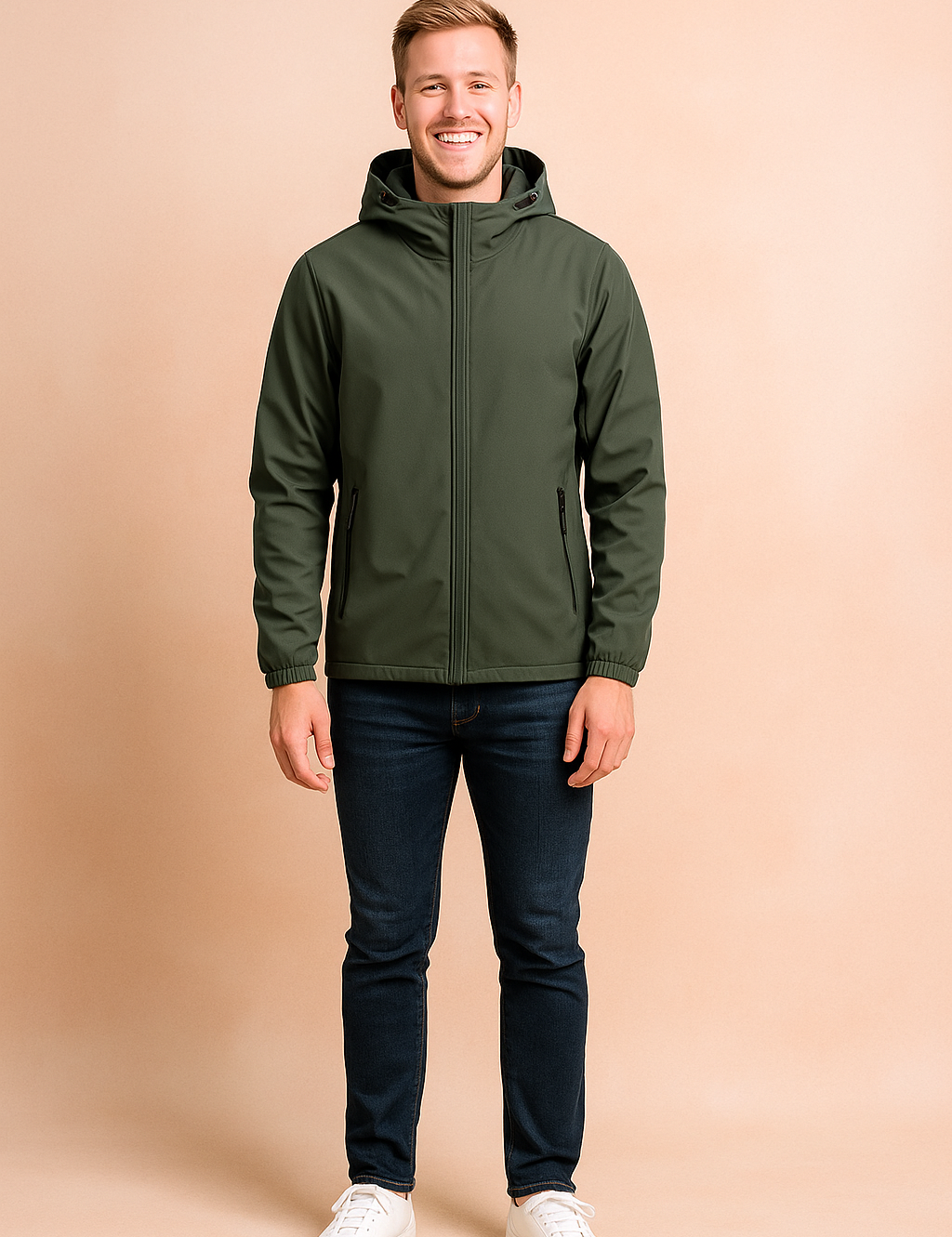 Olive green hooded zip-up jacket with front pockets, full-length sleeves, and elastic cuffs styled with dark blue jeans and white sneakers.