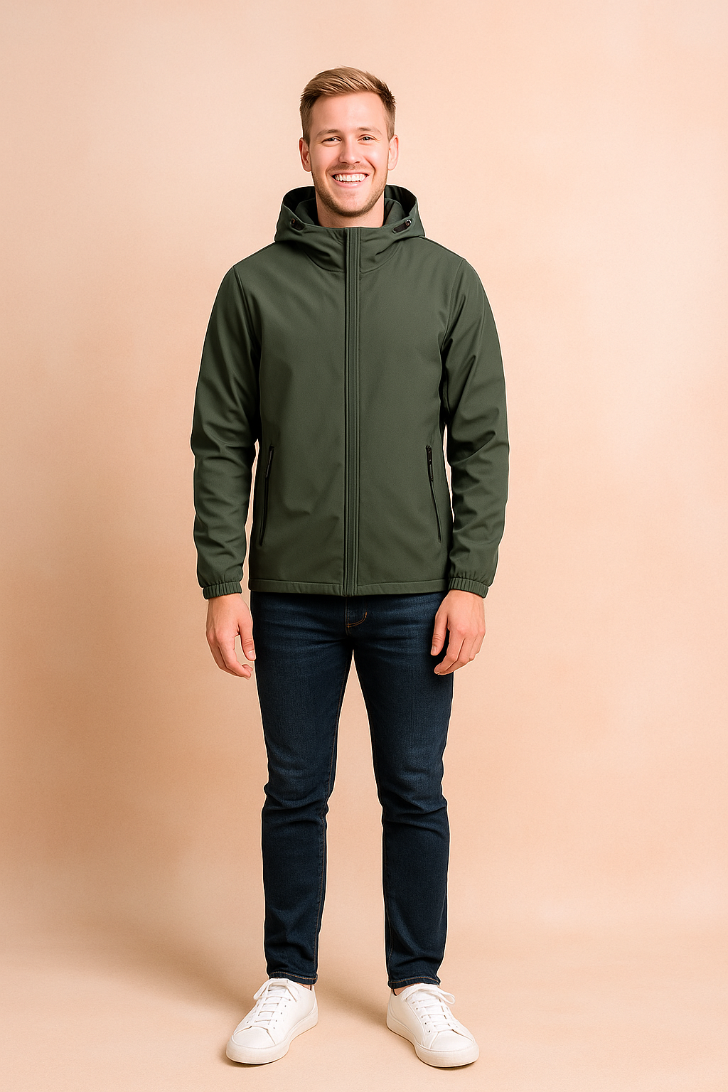 Olive green hooded zip-up jacket with front pockets, full-length sleeves, and elastic cuffs styled with dark blue jeans and white sneakers.