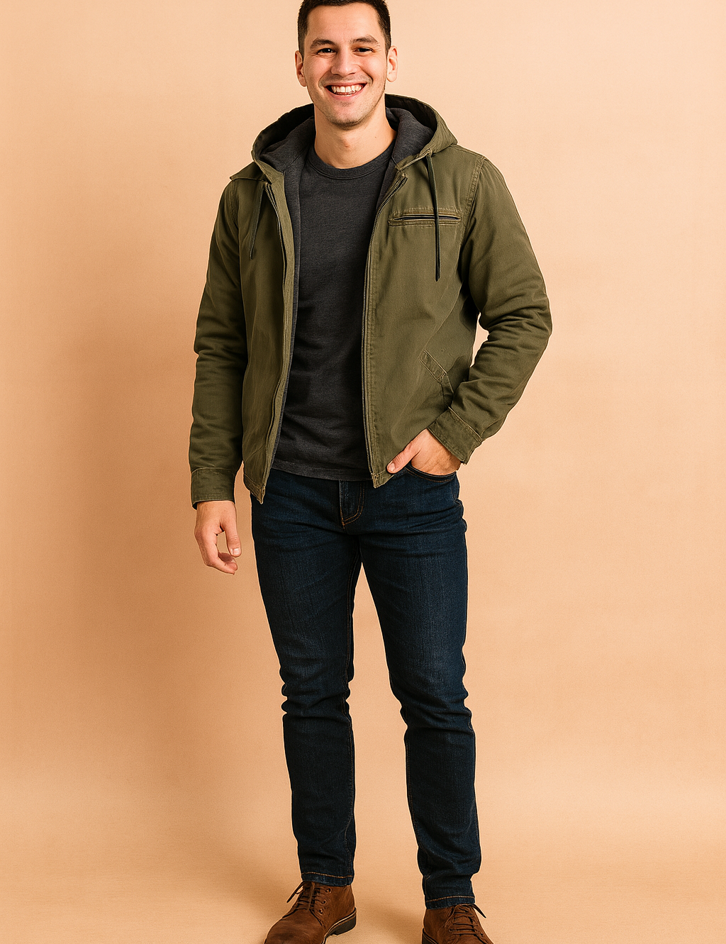 Olive green hooded jacket with black fleece lining, zip closure, chest pocket, and side pockets, styled casually with a fitted look.