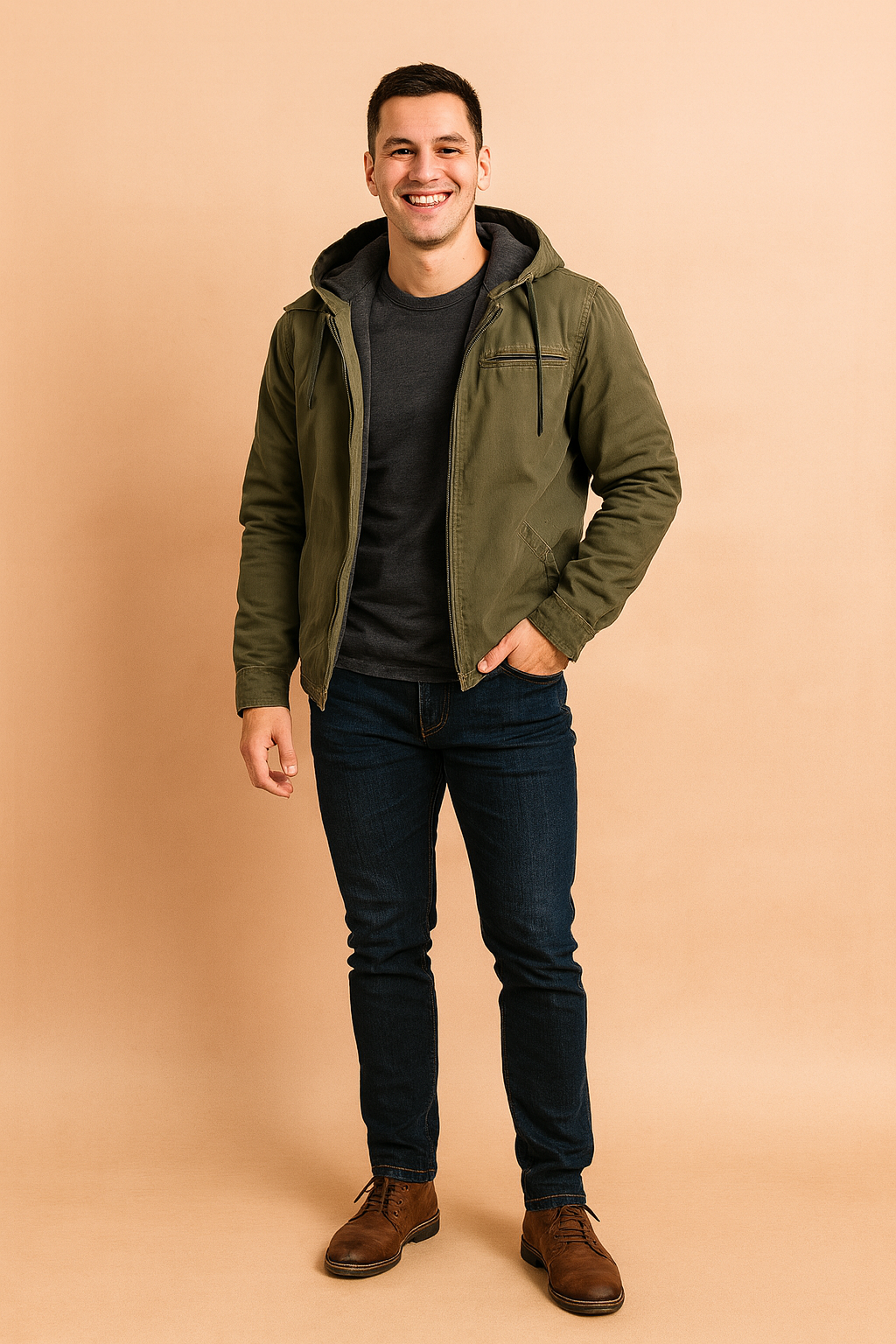 Olive green hooded jacket with black fleece lining, zip closure, chest pocket, and side pockets, styled casually with a fitted look.