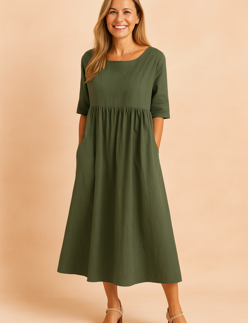 Olive green linen midi dress with elbow-length sleeves, gathered waist, A-line silhouette, and discreet side pockets.