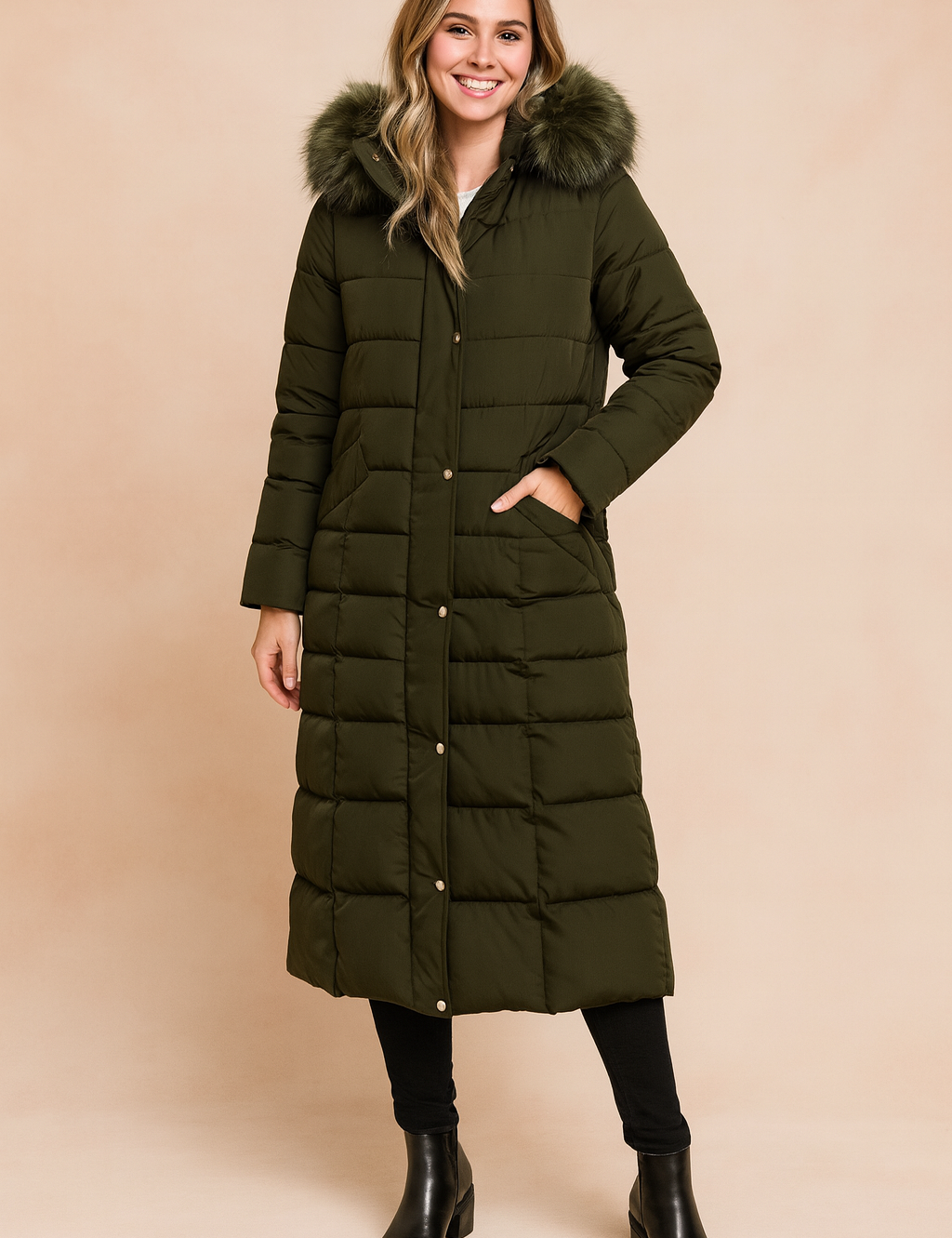 Long quilted olive green puffer coat with fur-trimmed hood, snap button closure, and side pockets, styled with black leggings and ankle boots.