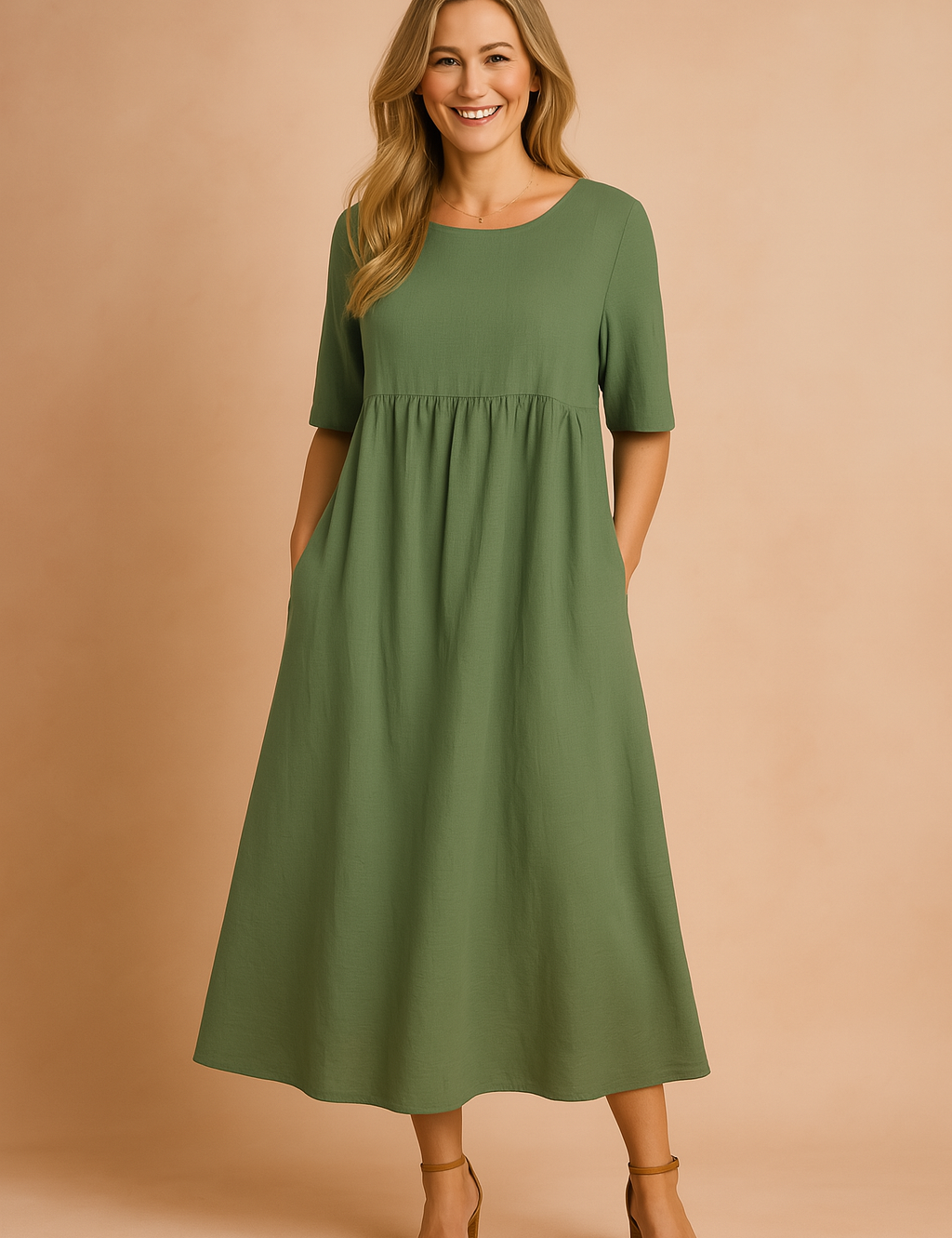 Olive green midi dress with short sleeves, a round neckline, and a gathered waistline, designed with a relaxed A-line silhouette and discreet side pockets, made from a lightweight woven fabric.