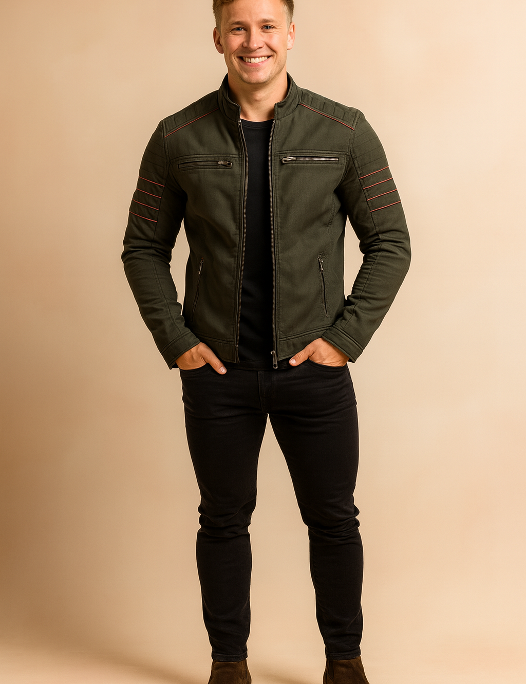 Olive-green moto-style biker jacket with red stitched detailing on shoulders and sleeves, front zipper closure, four zippered pockets, styled with a black t-shirt, slim-fit black jeans, and brown suede Chelsea boots.