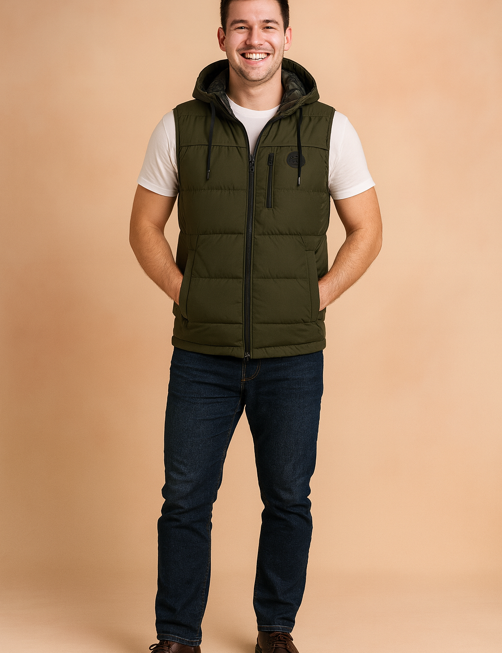Men’s olive green sleeveless padded vest with hood, front zipper closure, and two side zip pockets, styled over a white t-shirt and dark denim jeans.