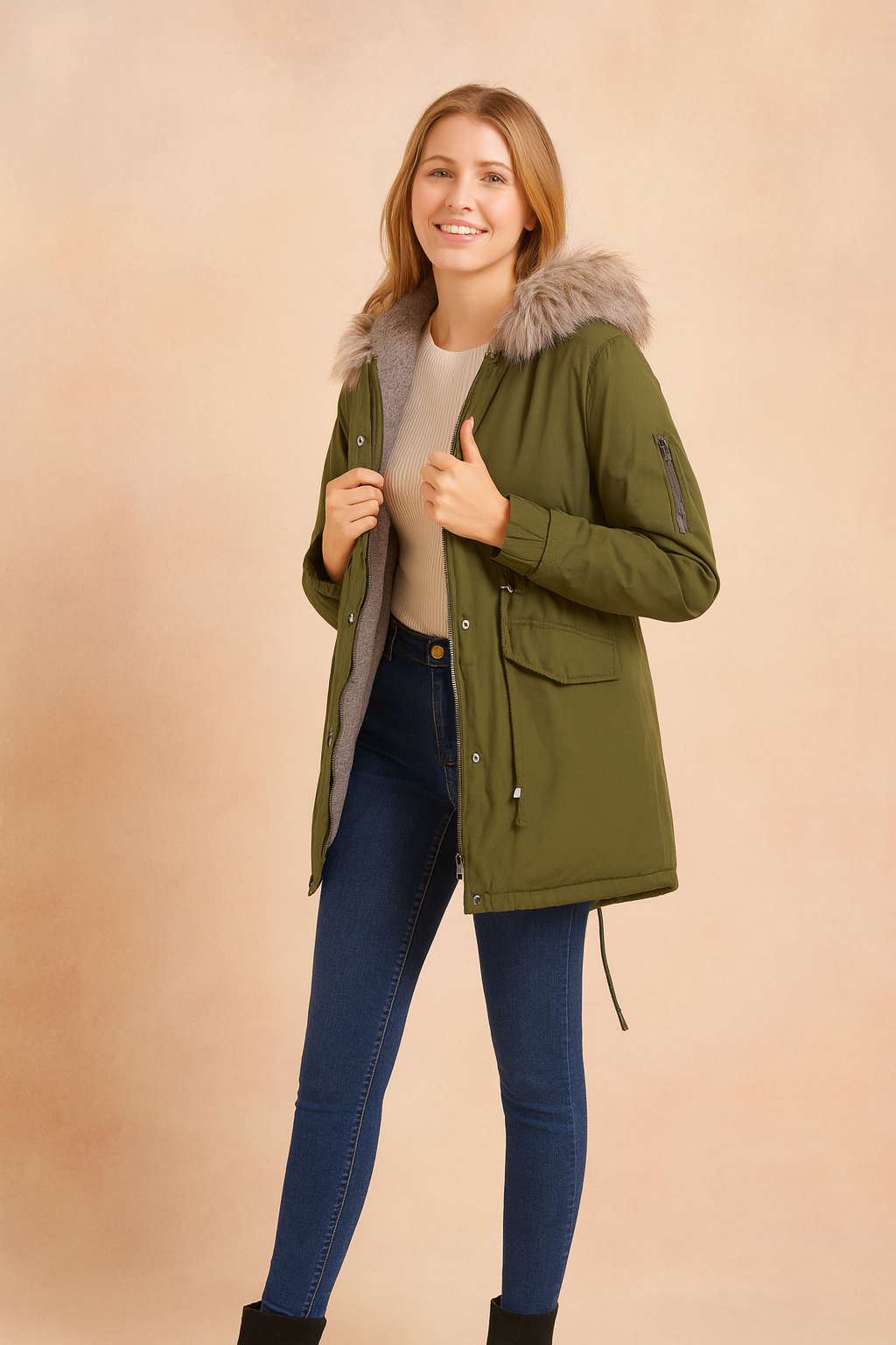 Olive green winter parka jacket with faux fur hood, front zipper and snap button closure, large flap pockets, adjustable waist drawstring, paired with slim blue jeans and black ankle boots.