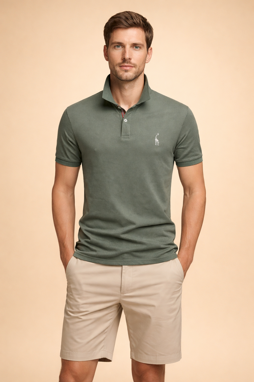 Classic olive green short-sleeve polo shirt with a structured collar, two-button placket, subtle embroidered chest logo, paired with tailored beige knee-length shorts featuring a clean front and relaxed fit.