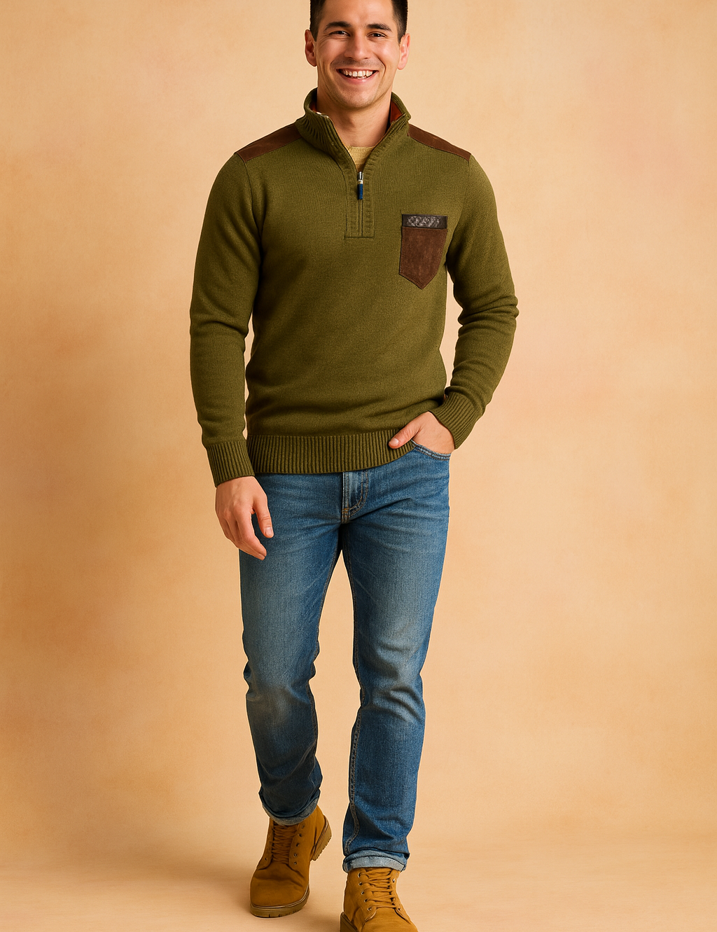 Olive green quarter-zip knit sweater with brown suede shoulder patches and a matching suede chest pocket detail, paired with slim-fit blue jeans and tan leather boots.