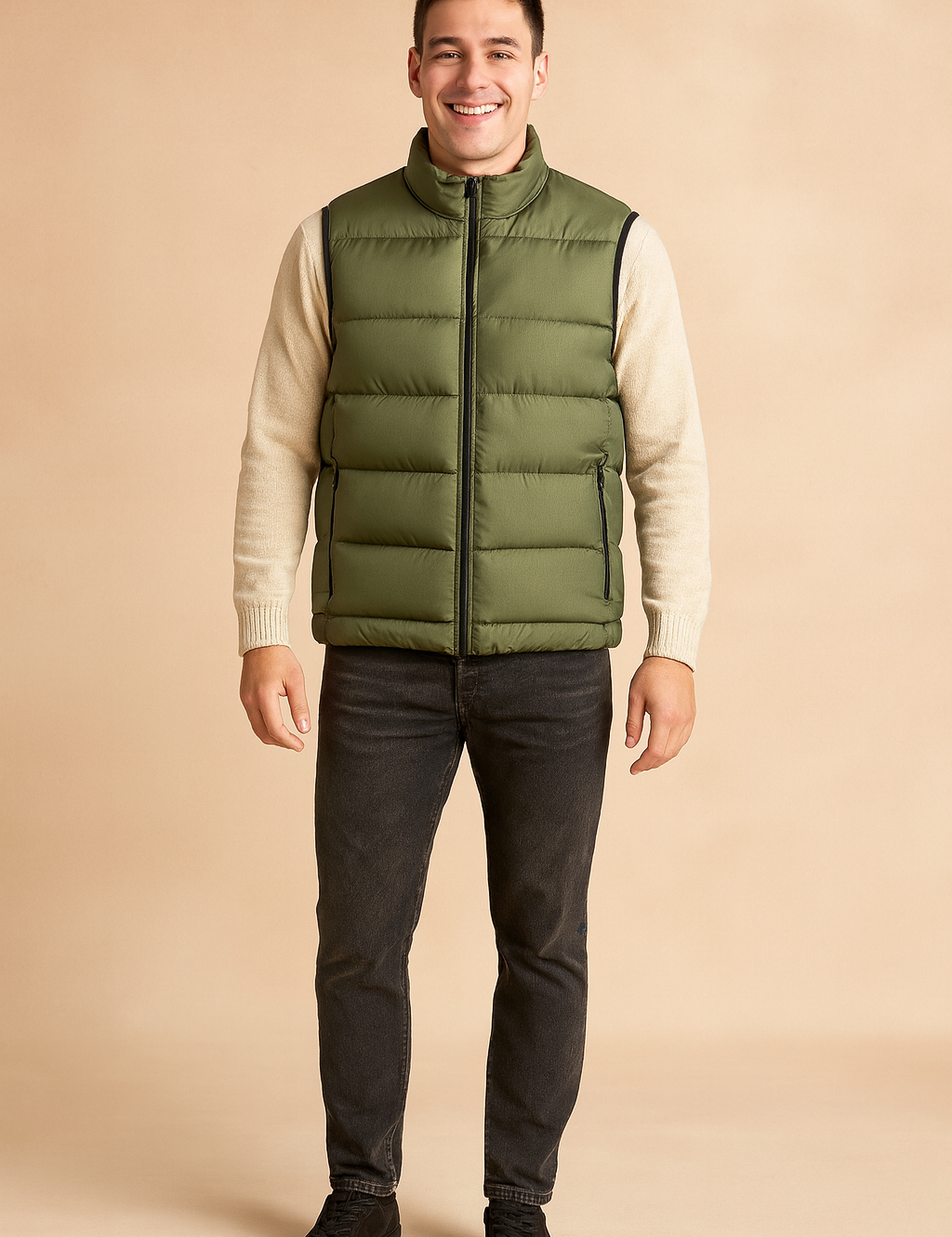 Olive green quilted puffer vest with front zipper and side pockets, styled over a cream sweater for a modern winter outfit.