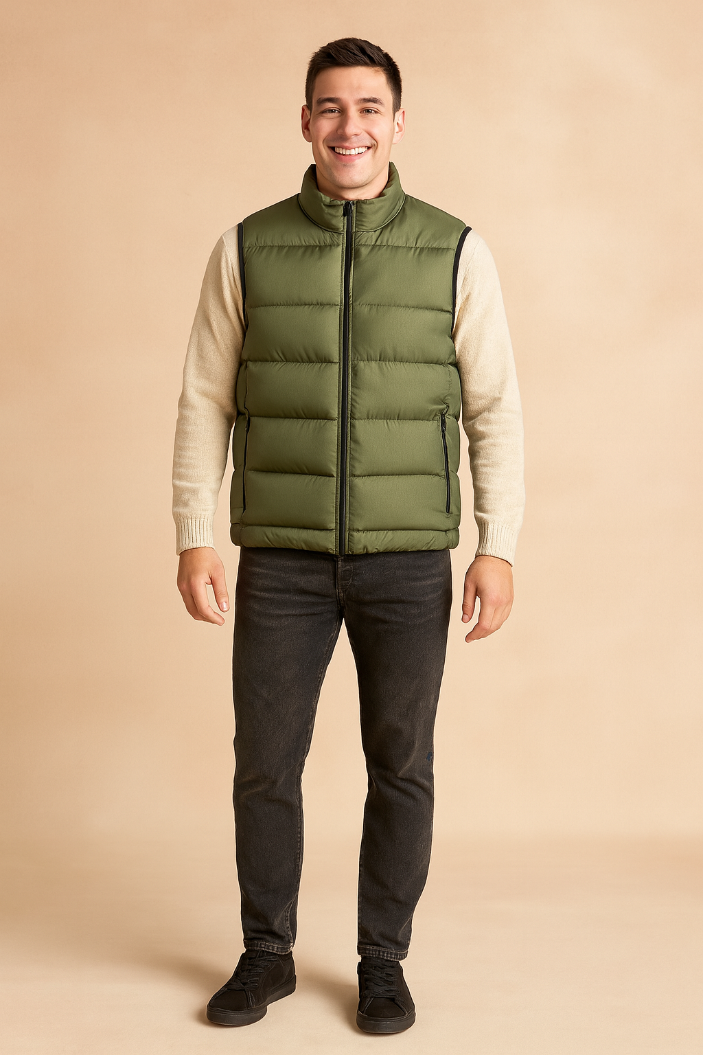 Olive green quilted puffer vest with front zipper and side pockets, styled over a cream sweater for a modern winter outfit.