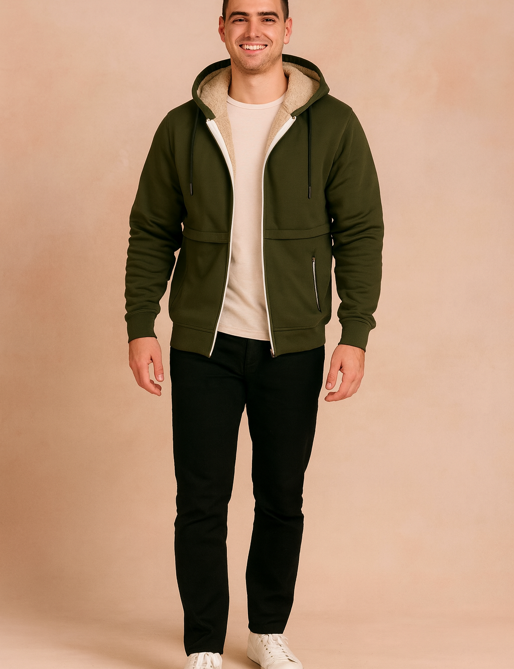 Olive green sherpa-lined zip-up hoodie with drawstring hood, ribbed cuffs, and front zipper details, styled with black trousers and white sneakers.