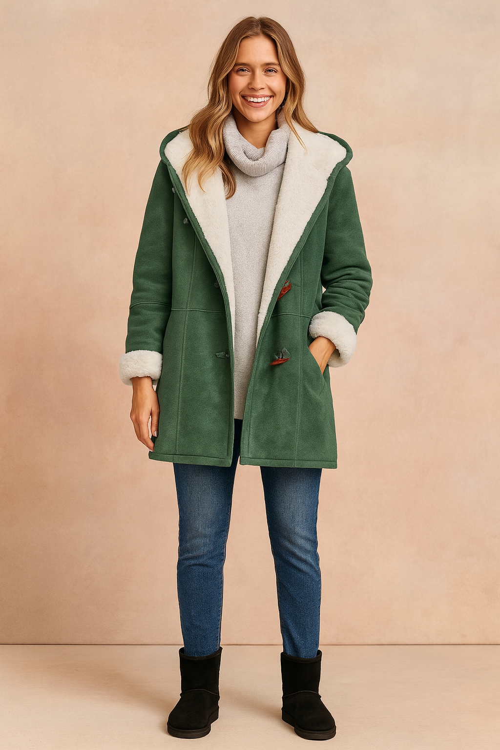 Olive green hooded winter coat with soft white fleece lining, toggle button closure, long sleeves with turned-up cuffs, and front pockets, styled for a cozy and casual cold-weather look.