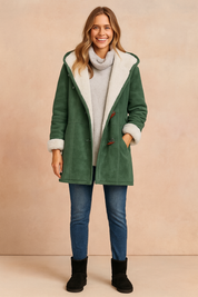 Olive green hooded winter coat with soft white fleece lining, toggle button closure, long sleeves with turned-up cuffs, and front pockets, styled for a cozy and casual cold-weather look.