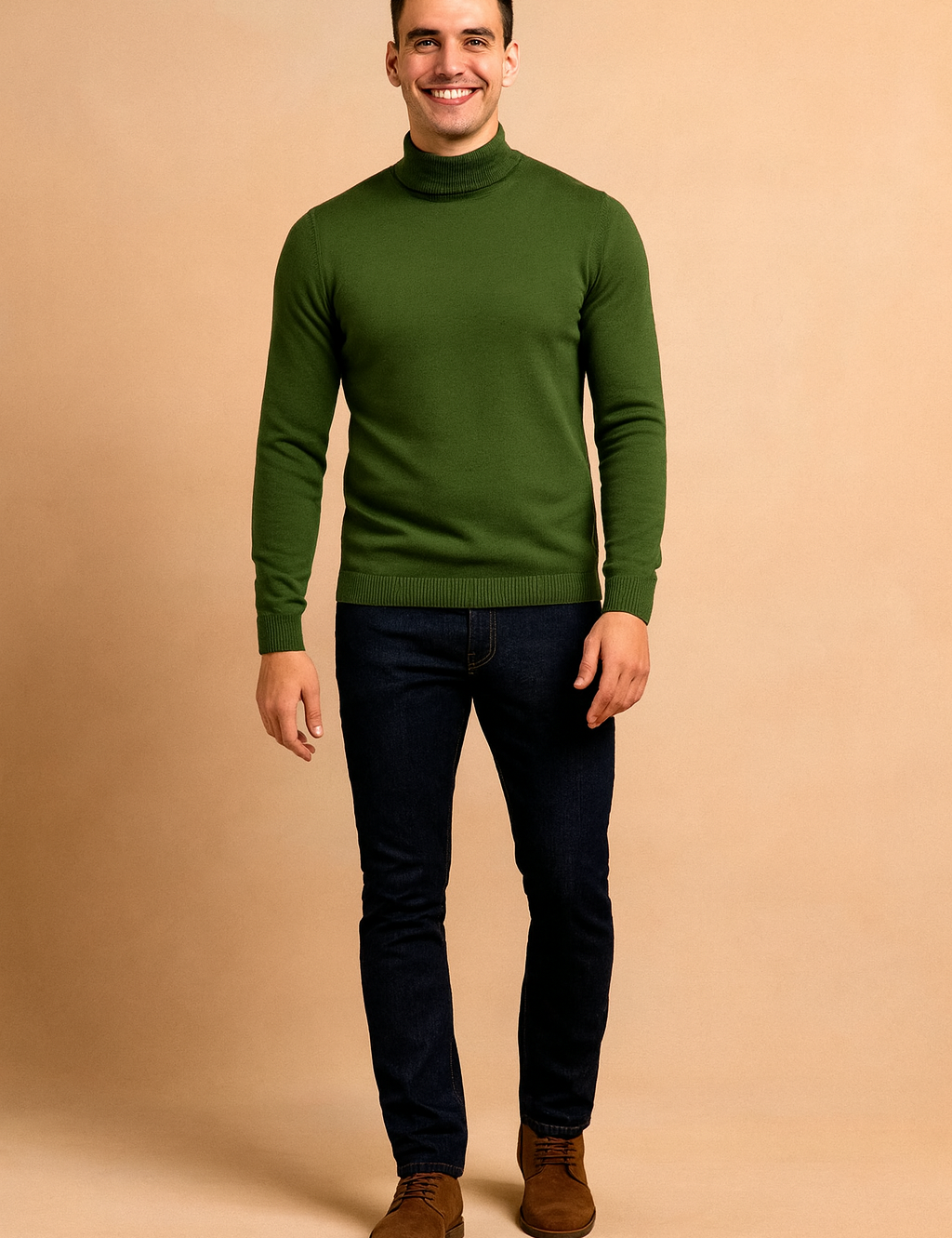 Slim-fit olive green turtleneck sweater with ribbed cuffs and hem, paired with dark indigo jeans and brown suede lace-up shoes.