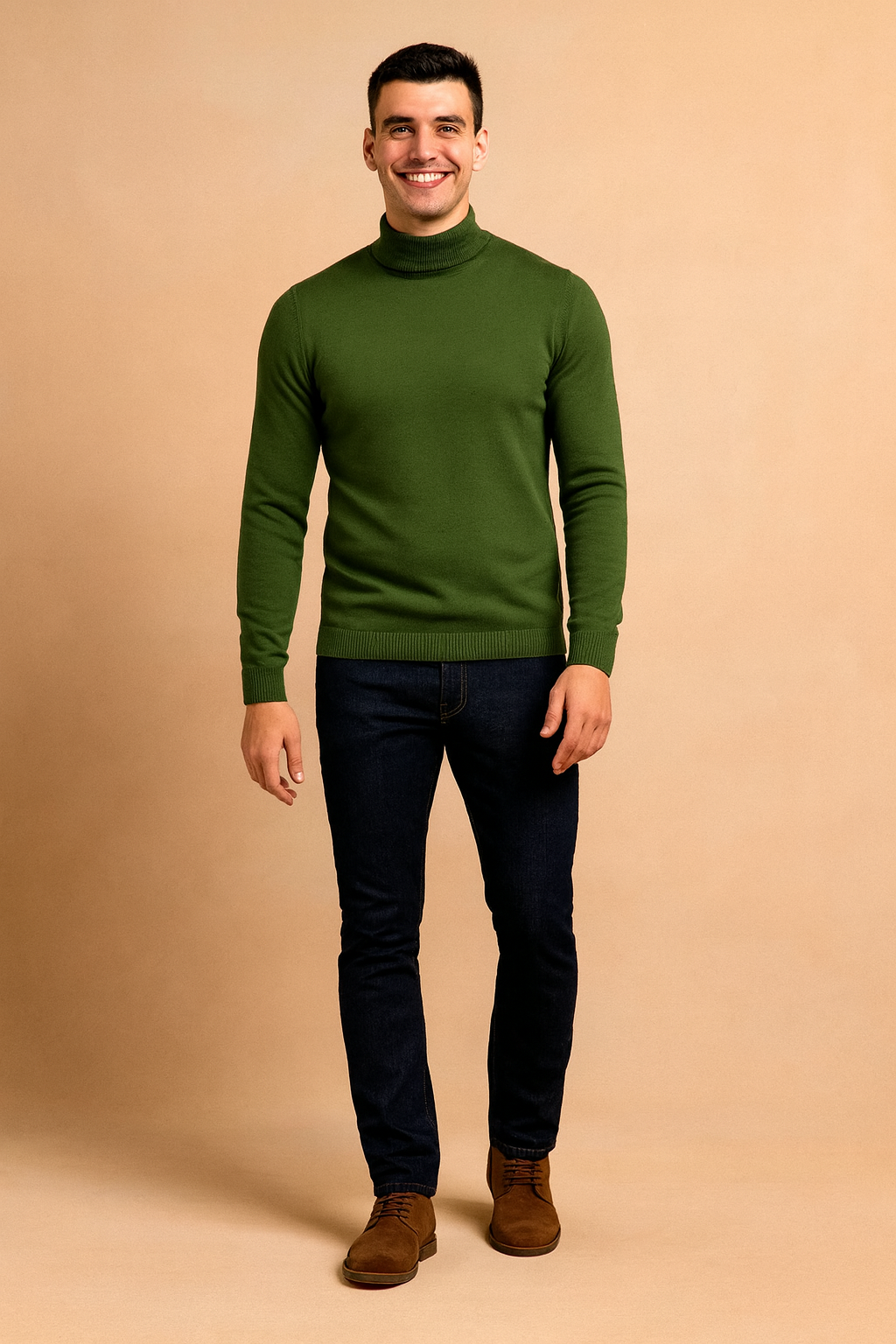 Slim-fit olive green turtleneck sweater with ribbed cuffs and hem, paired with dark indigo jeans and brown suede lace-up shoes.