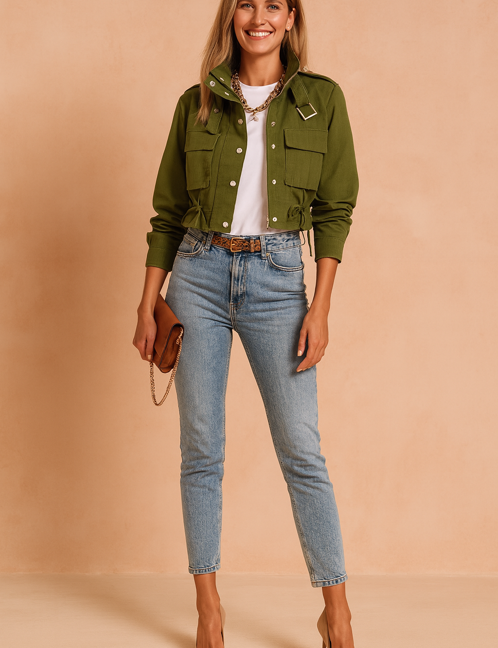 Olive green cropped utility jacket with silver button closures, drawstring waist ties, flap chest pockets, and structured collar, paired with a plain white crew-neck t-shirt and light blue high-waisted straight-leg jeans, styled with a tan leather belt featuring a leopard print accent.