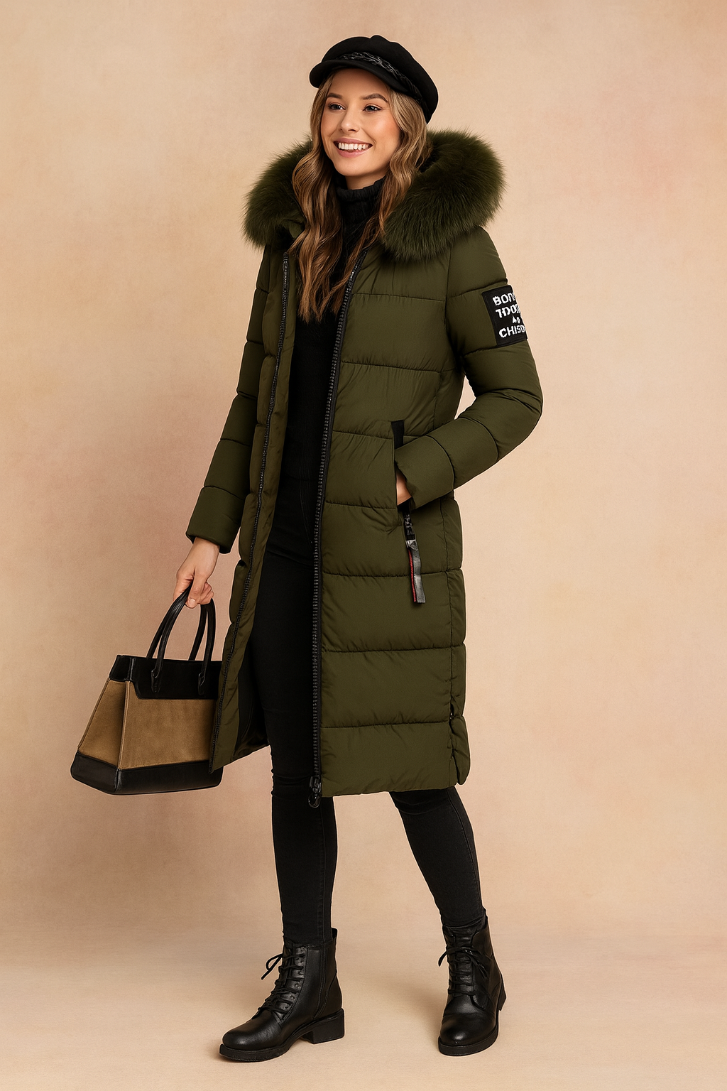 Long olive green winter parka with fur-trimmed hood, front zipper, and side zip details, styled with black pants and lace-up boots.