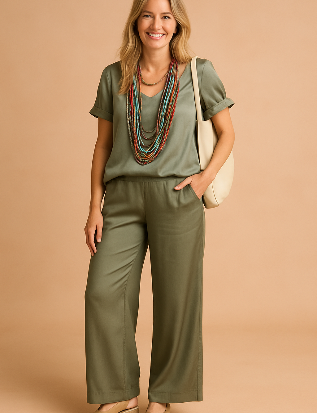 Olive green satin two-piece coord set featuring a relaxed-fit short-sleeve top and wide-leg trousers with subtle seam detailing and a soft sheen finish.