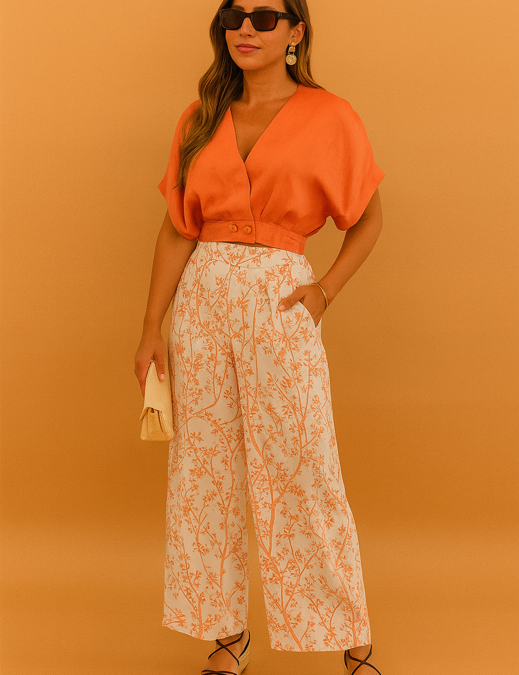 Elegant two-piece outfit featuring a structured orange cropped blouse with short sleeves and high-waisted wide-leg pants adorned with a delicate peach floral print.
