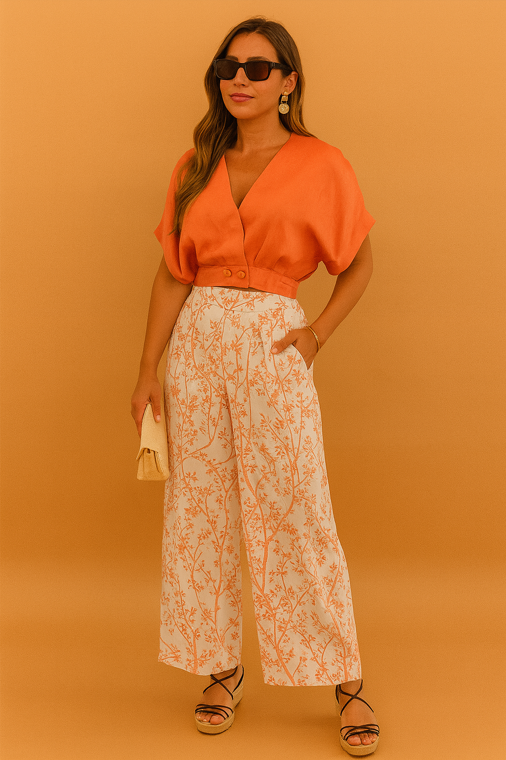 Elegant two-piece outfit featuring a structured orange cropped blouse with short sleeves and high-waisted wide-leg pants adorned with a delicate peach floral print.