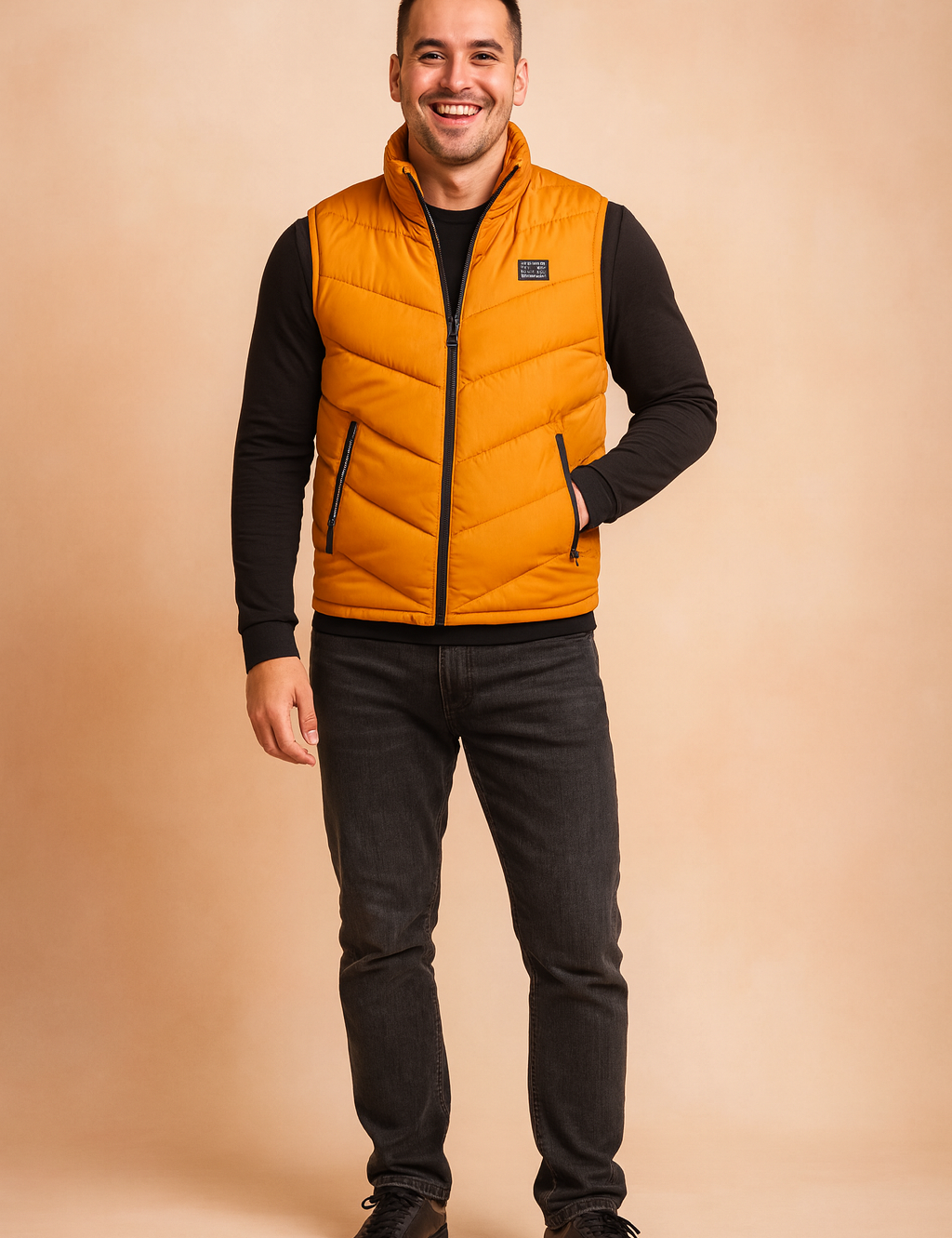A young man in his mid-to-late twenties stands confidently against a soft beige backdrop, his dark brown hair styled upward at the front and his warm brown eyes framed by subtle laugh lines. He wears a bright orange puffer vest over a black fitted shirt and dark gray jeans, complete with low-top sneakers, while striking a relaxed pose with a casual smile and a confident, direct
